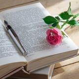 SEO-friendly alt text: Open book with a pen and pink rose, suitable for words count and writing tools.