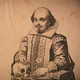 A detailed illustration of William Shakespeare holding a skull, symbolizing themes of mortality and tragedy.