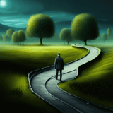 A person walking on a winding road through a lush green landscape with trees, symbolizing life's journey and personal growth.