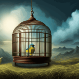 Alt text: Small blue and yellow bird inside a vintage cage with stormy sky and mountains in the background.