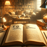 Open book with history and science headings on a desk in a cozy library setting.