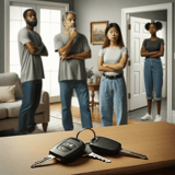 Key fobs and house keys on a wooden table, with diverse people in a room, indicating a key theft or loss incident.