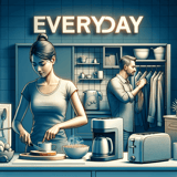 Woman preparing breakfast with coffee and cereal, man hanging clothes in modern kitchen.