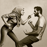 Woman pointing finger at man with tense expression.