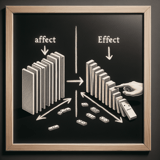 Dominoes falling with effect and affect labels on a black background.
