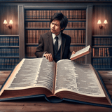 Large open book with detailed text in a study room setting.