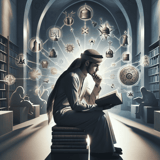 Digital art of a man contemplating in a library filled with Islamic symbols and artifacts, emphasizing knowledge and culture.
