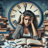 Overwhelmed woman with books and clock, stressed about deadlines and word count, in a busy workspace.