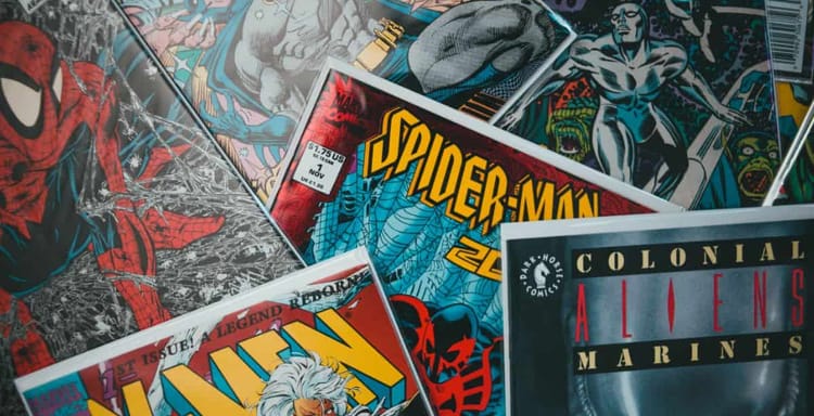 Colorful comic book covers with Spider-Man, Silver Surfer, and Alien Marines, emphasizing Marvel superhero and sci-fi comic themes.