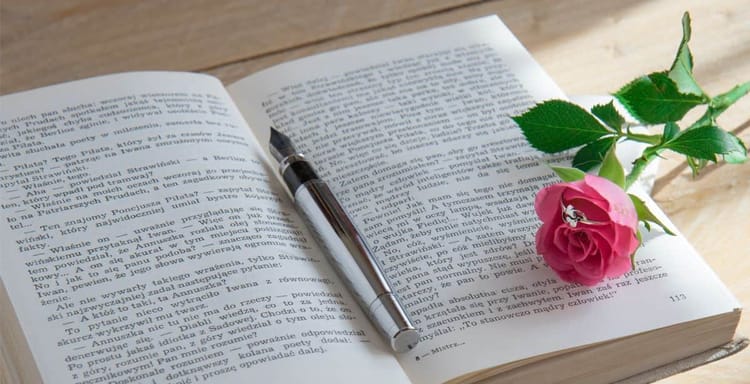 SEO-friendly alt text: Open book with a pen and pink rose, suitable for words count and writing tools.