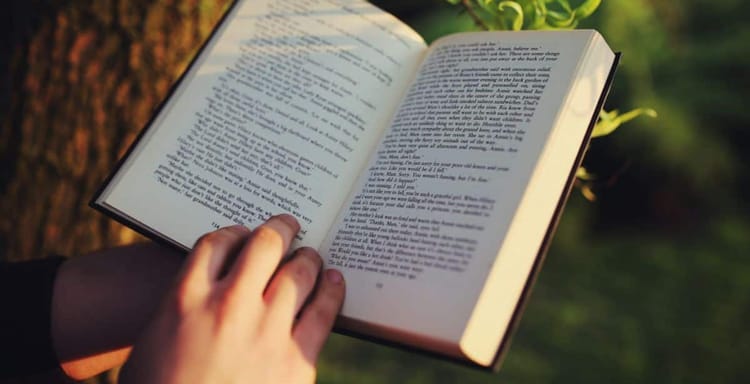 Open book with text, outdoor reading, writing, essay, story, note-taking, literacy, education, study, self-improvement.