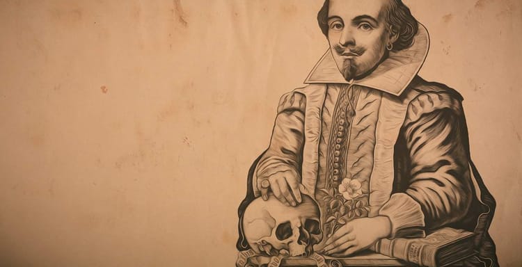 A detailed illustration of William Shakespeare holding a skull, symbolizing themes of mortality and tragedy.