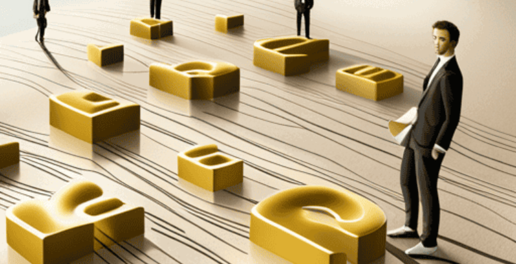 People working with large golden question marks representing word counting.