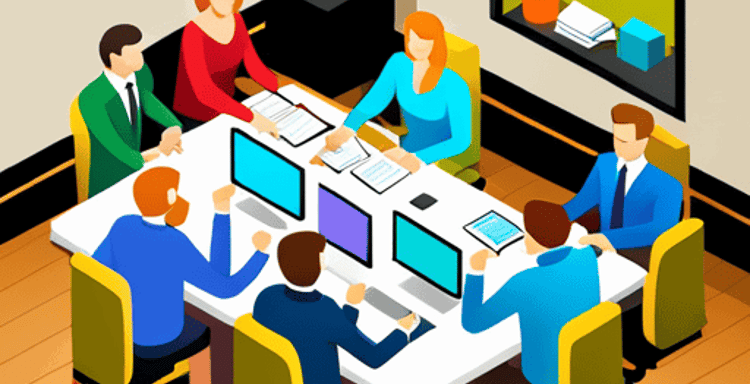 Colorful office meeting with people collaborating around a table with computers and documents.