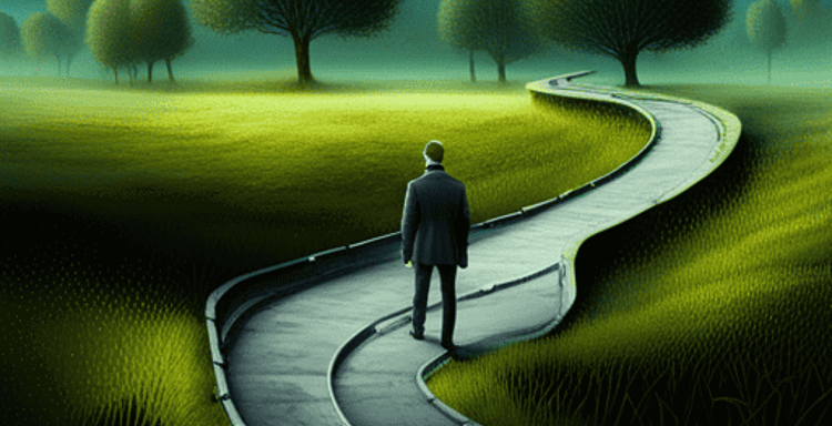 A person walking on a winding road through a lush green landscape with trees, symbolizing life's journey and personal growth.