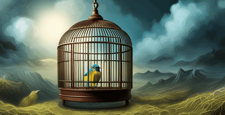 Alt text: Small blue and yellow bird inside a vintage cage with stormy sky and mountains in the background.