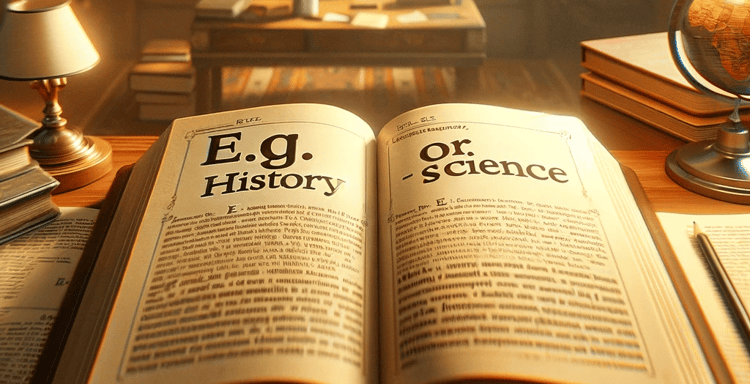 Open book with history and science headings on a desk in a cozy library setting.
