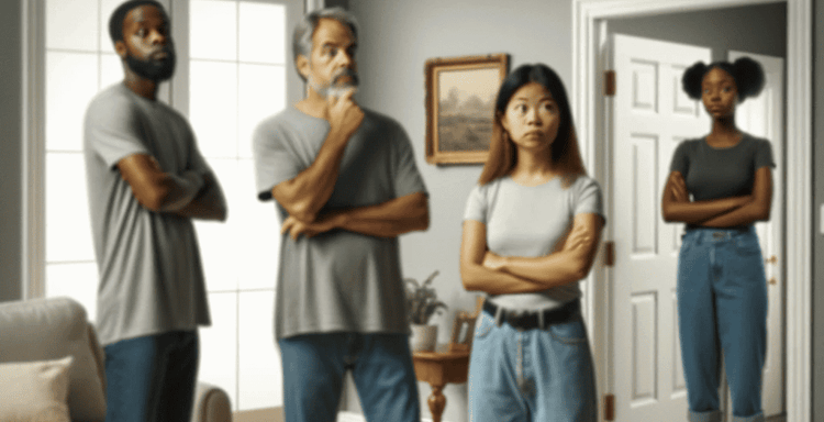 Key fobs and house keys on a wooden table, with diverse people in a room, indicating a key theft or loss incident.