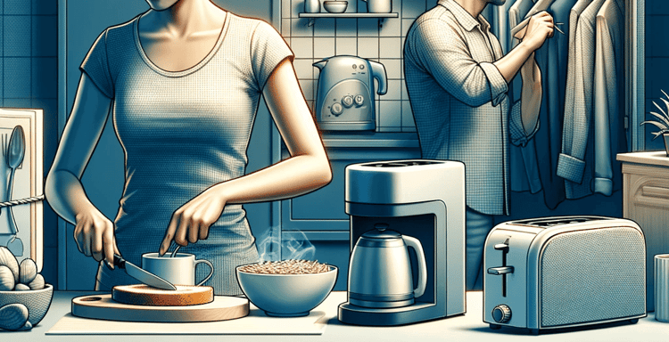 Woman preparing breakfast with coffee and cereal, man hanging clothes in modern kitchen.