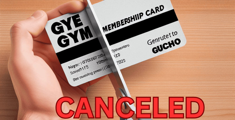Scissors cutting canceled gym membership card, symbolizing termination or cancellation of gym membership.