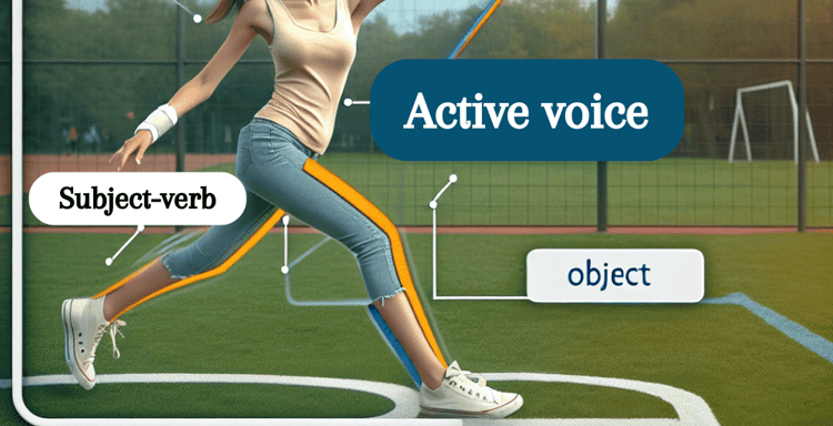 Alt text: Illustration showing subject, subject-verb, object, and active voice concepts on a sports field.
