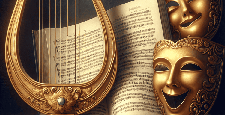 Lyre, sheet music, and theatrical masks in gold create an artistic musical scene.