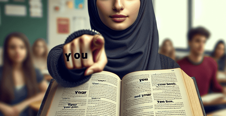 Young woman pointing at the camera, holding an open book with "you" words, in a classroom setting.