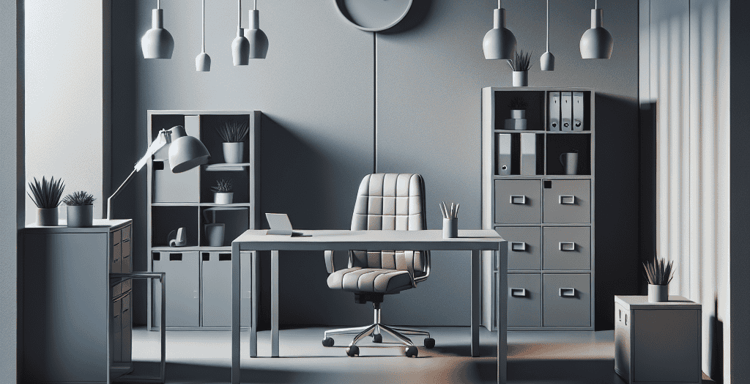 Stylish and organized office with desk, chair, shelves, and lighting for efficient work.