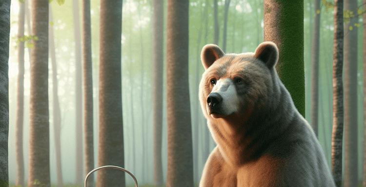 Realistic bear sitting in a forest with a classic alarm clock, symbolizing time management and focus, suitable for SEO on word count tools.