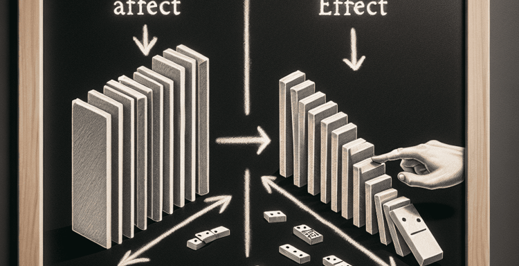 Dominoes falling with effect and affect labels on a black background.