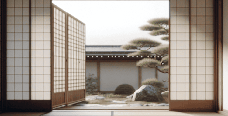 Japanese Zen garden view with traditional calligraphy tools on wooden table, showcasing serenity and mindfulness.