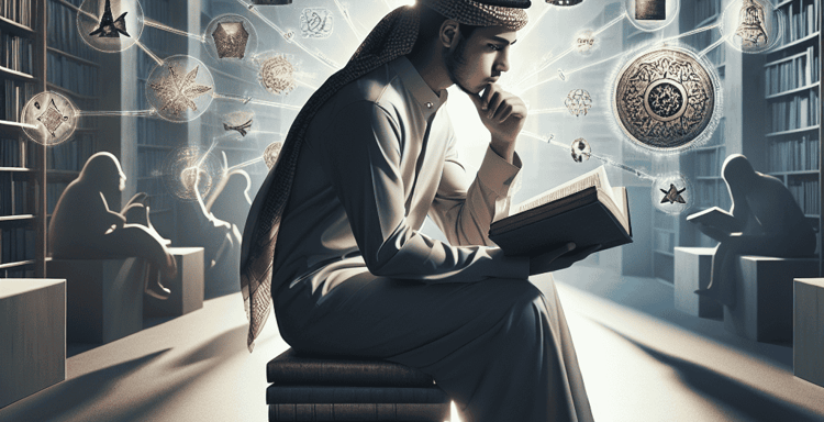 Digital art of a man contemplating in a library filled with Islamic symbols and artifacts, emphasizing knowledge and culture.