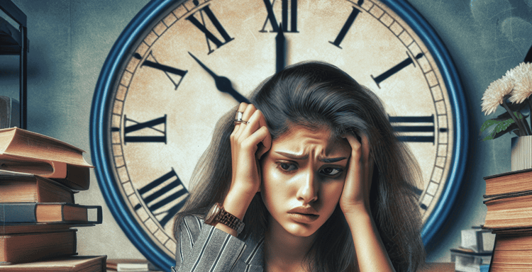 Overwhelmed woman with books and clock, stressed about deadlines and word count, in a busy workspace.