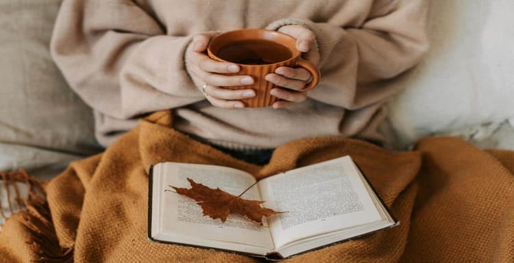 Alt: Person holding a warm beverage with open book and autumn leaf on blanket.