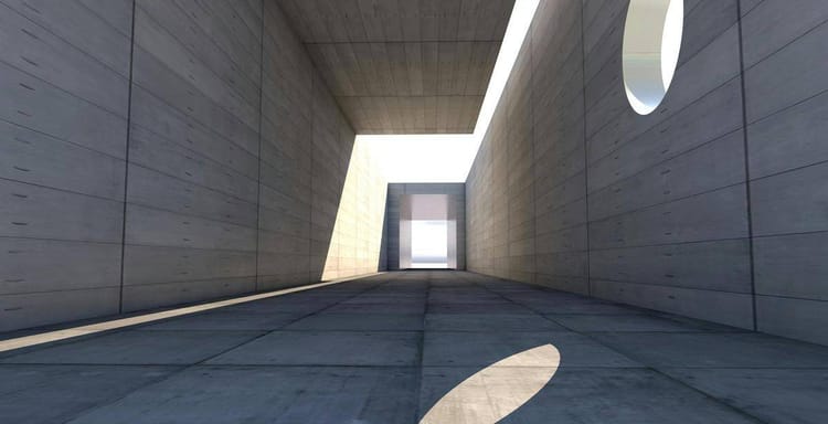 Minimalist concrete corridor with geometric lighting and open design.