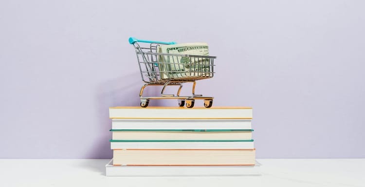 Mini shopping cart with dollar bills on stacked notebooks.