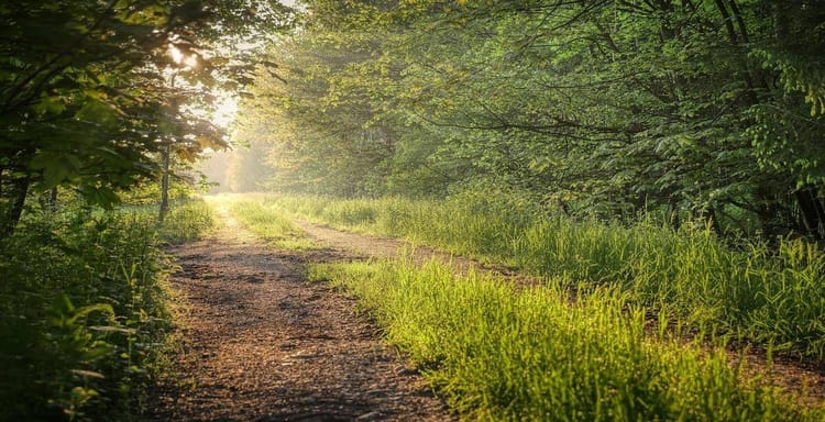 Scenic forest trail with sunlight filtering through green trees, perfect for nature walks and outdoor adventures.