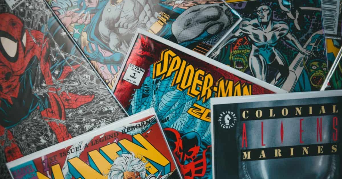 Colorful comic book covers with Spider-Man, Silver Surfer, and Alien Marines, emphasizing Marvel superhero and sci-fi comic themes.
