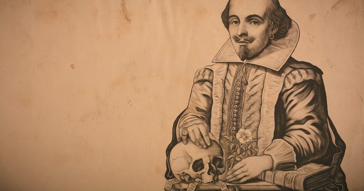 A detailed illustration of William Shakespeare holding a skull, symbolizing themes of mortality and tragedy.