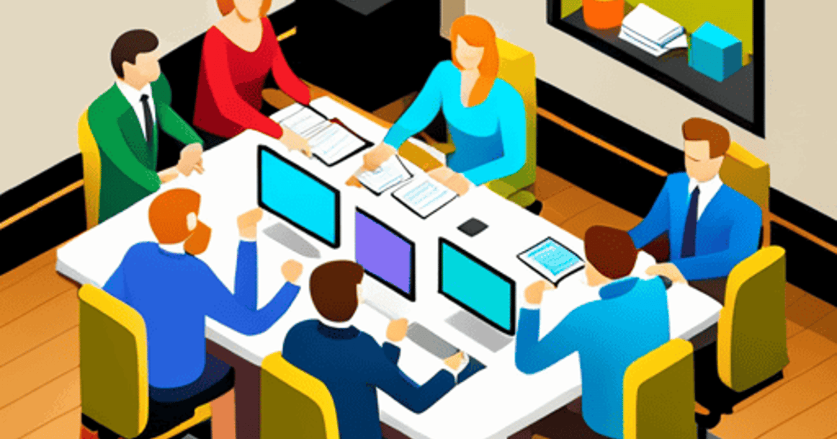 Colorful office meeting with people collaborating around a table with computers and documents.