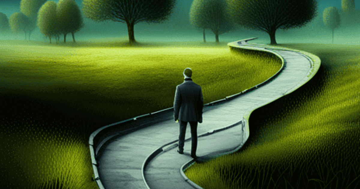 A person walking on a winding road through a lush green landscape with trees, symbolizing life's journey and personal growth.