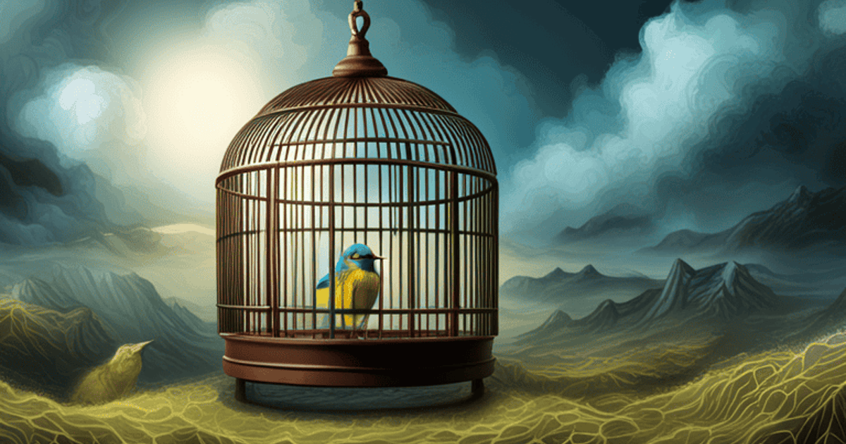 Alt text: Small blue and yellow bird inside a vintage cage with stormy sky and mountains in the background.