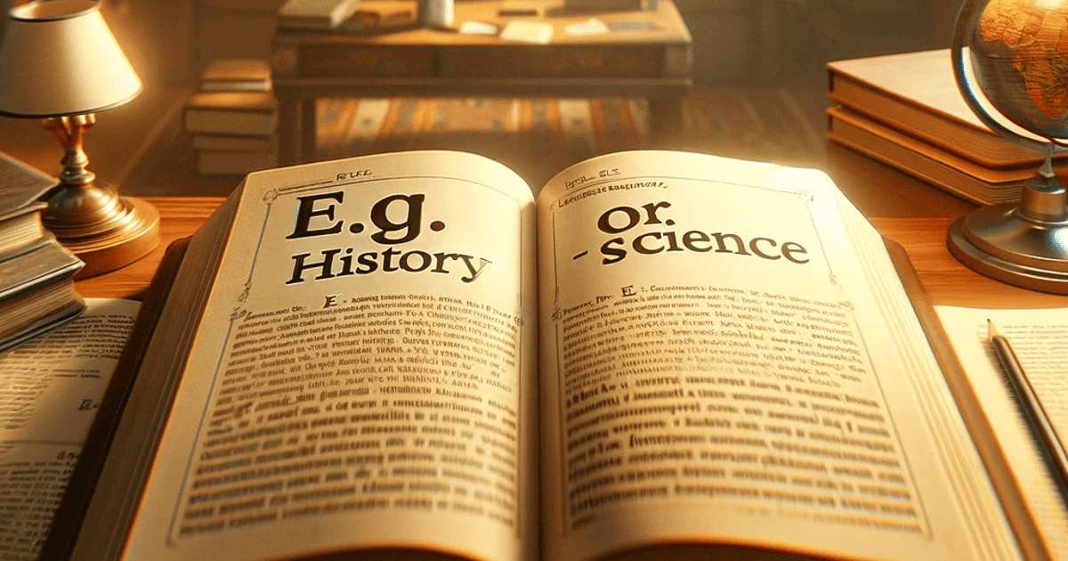Open book with history and science headings on a desk in a cozy library setting.