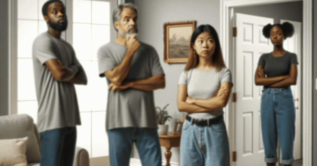 Key fobs and house keys on a wooden table, with diverse people in a room, indicating a key theft or loss incident.