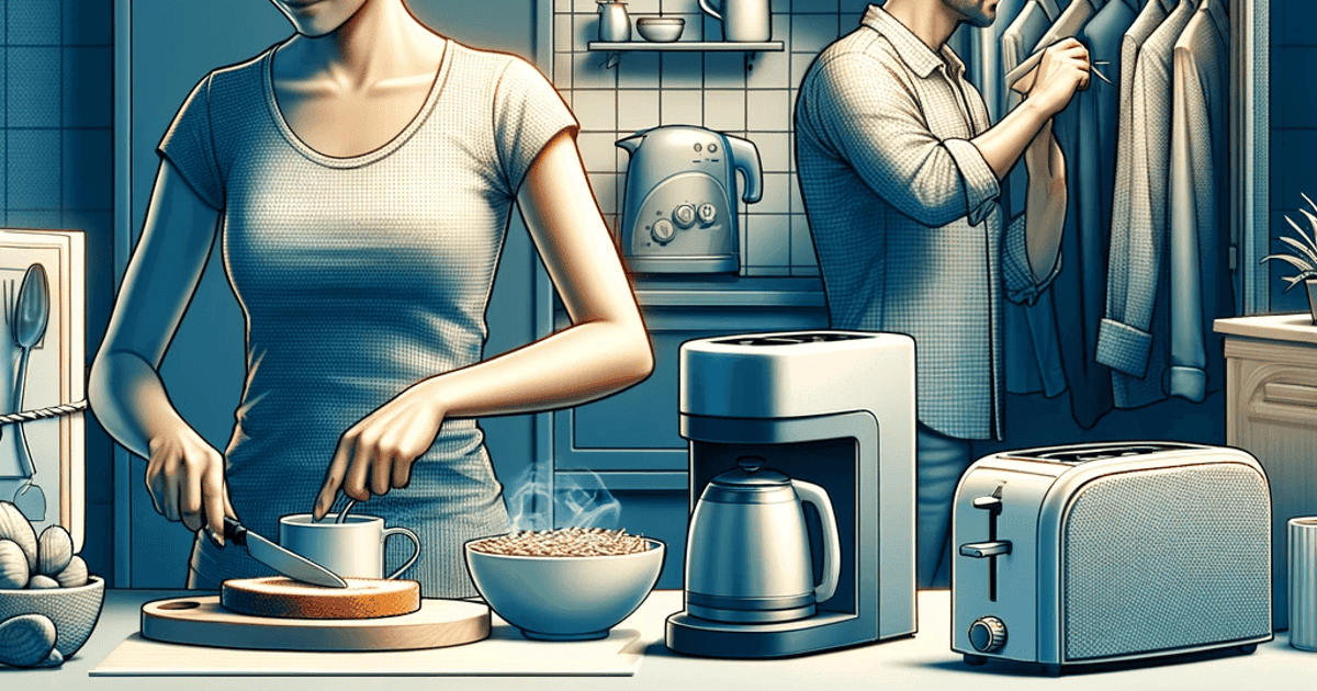 Woman preparing breakfast with coffee and cereal, man hanging clothes in modern kitchen.