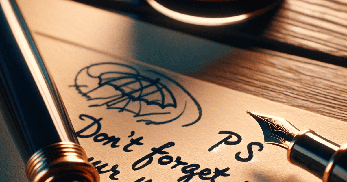 Handwritten note with the message "Don't forget your umbrella tomorrow" and a small umbrella sketch.