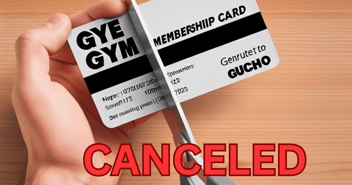 Scissors cutting canceled gym membership card, symbolizing termination or cancellation of gym membership.