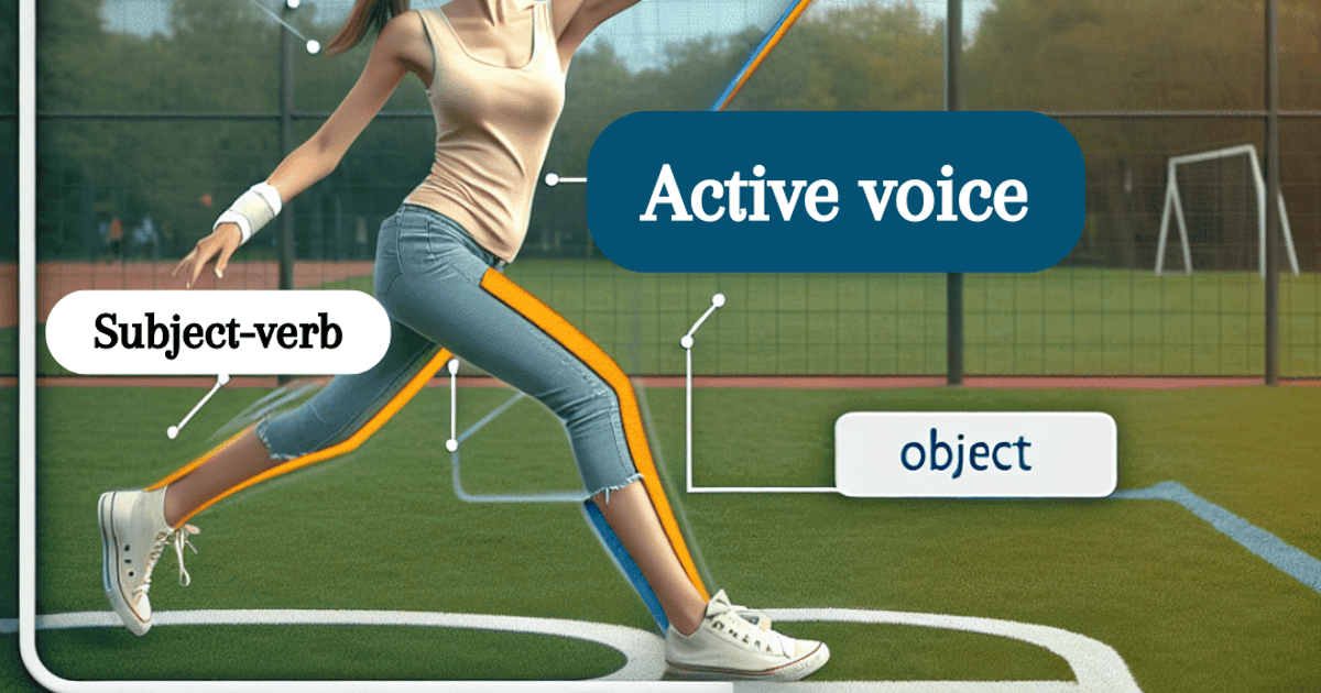 Alt text: Illustration showing subject, subject-verb, object, and active voice concepts on a sports field.
