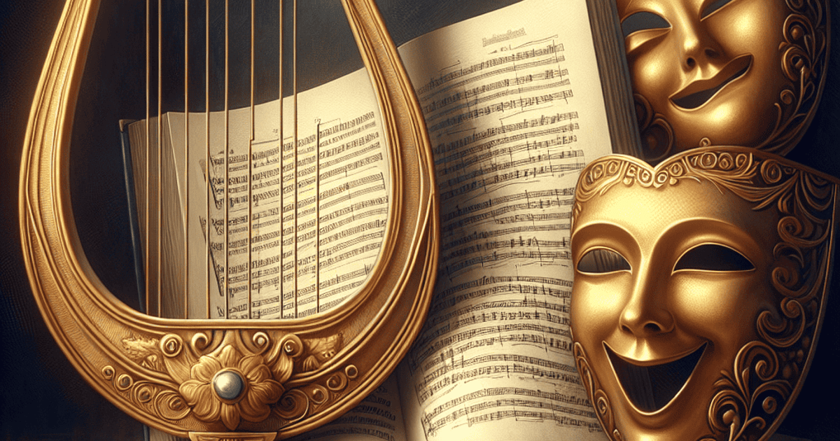Lyre, sheet music, and theatrical masks in gold create an artistic musical scene.