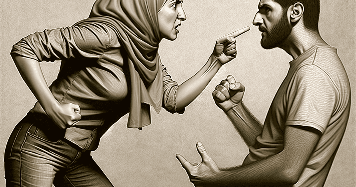 Woman pointing finger at man with tense expression.